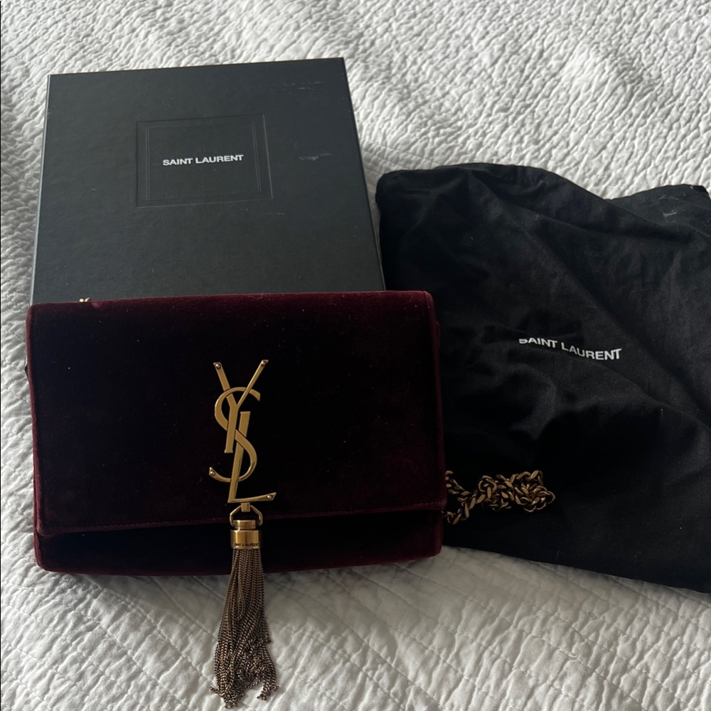Saint Laurent Authentic Deep Maroon Velvet Bag with Gold Accent